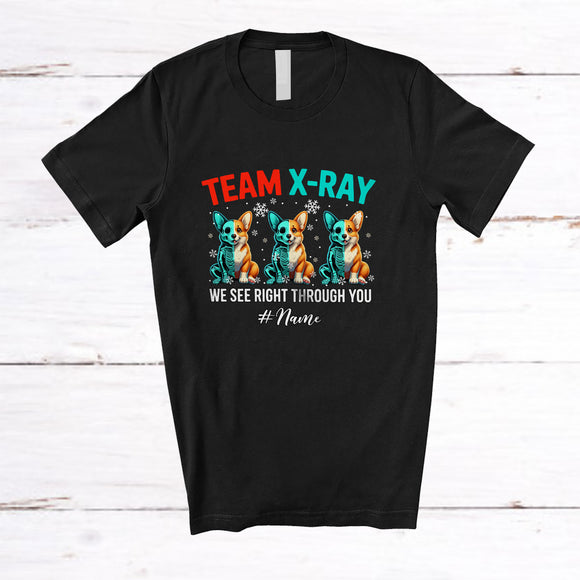 MacnyStore - Personalized Custom Name Team X-Ray; Joyful Christmas Three Skeleton Corgi Owner Lover T-Shirt