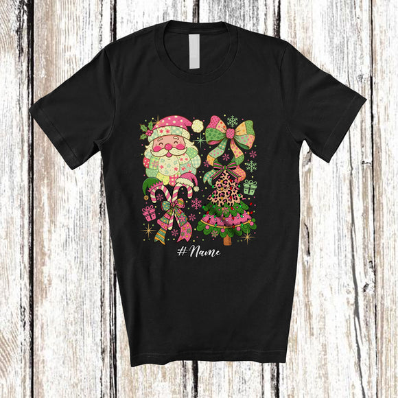 MacnyStore - Personalized Custom Name Santa Face Bow Tie X-mas Tree Collection; Lovely Christmas Plaid Family T-Shirt