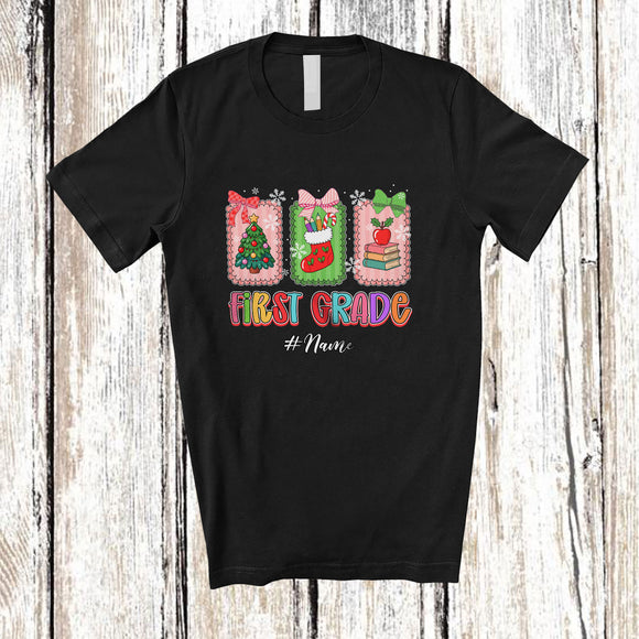MacnyStore - Personalized Custom Name First Grade; Lovely Christmas Tree Sock Books; Teacher Appreciation T-Shirt