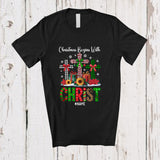MacnyStore - Personalized Custom Name Christmas Begins With Christ; Awesome X-mas Three Leopard Plaid Cross T-Shirt