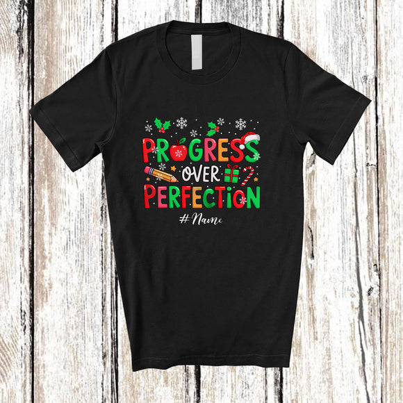 MacnyStore - Personalized Custom Name Progress Over Perfection; Humorous Christmas Pencil Santa; Teacher T-Shirt