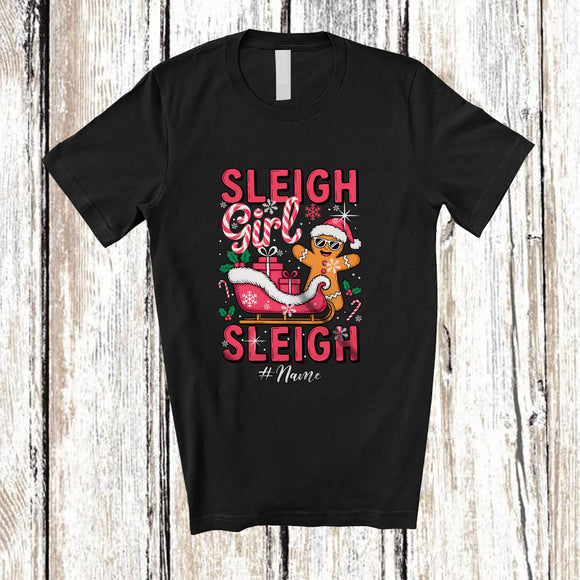 MacnyStore - Personalized Custom Name Sleigh Girl; Humorous Christmas Pink Gingerbread Sleigh Santa Baker T-Shirt