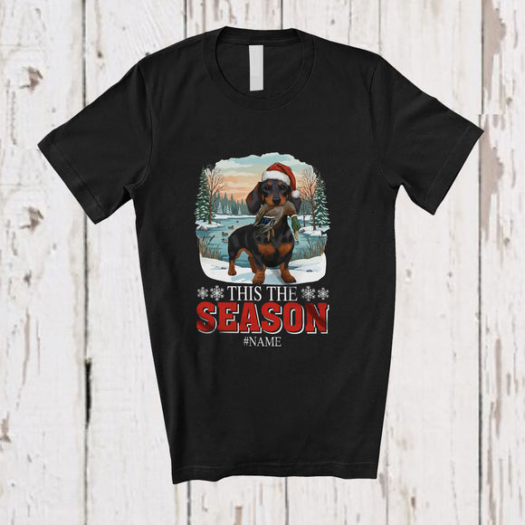 MacnyStore - Personalized Custom Name This The Season; Joyful Christmas Santa Dachshund Hunting Hunter T-Shirt