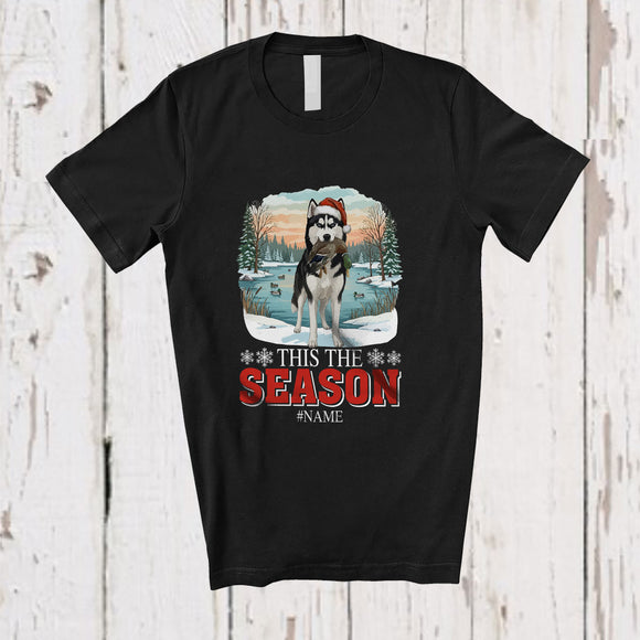 MacnyStore - Personalized Custom Name This The Season; Joyful Christmas Santa Husky Hunting Hunter T-Shirt