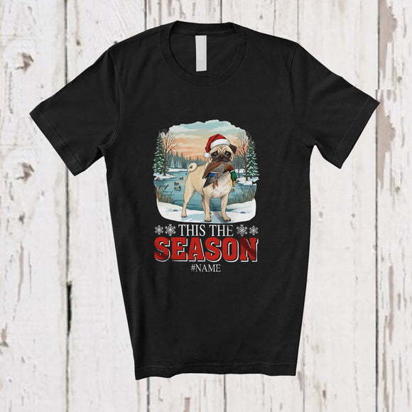 MacnyStore - Personalized Custom Name This The Season; Joyful Christmas Santa Pug Hunting Hunter T-Shirt