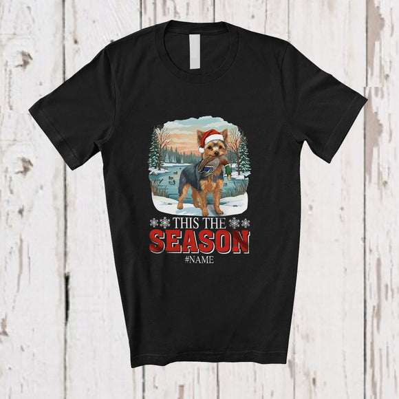 MacnyStore - Personalized Custom Name This The Season; Joyful Christmas Santa Yorkshire Terrier Hunting T-Shirt
