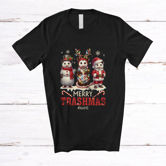 MacnyStore - Personalized Custom Name Merry Trashmas; Lovely Christmas Three Snowman Santa Opossum Trash T-Shirt