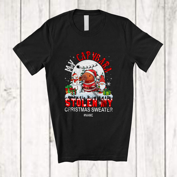MacnyStore - Personalized Custom Name Capybara Stolen My Christmas Sweater; Joyful Moon Santa Gnome T-Shirt