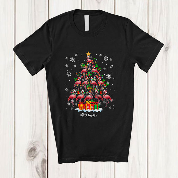 MacnyStore - Personalized Custom Name Flamingo Santa As Christmas Tree; Lovely X-mas Lights Family T-Shirt