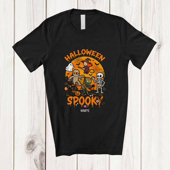 MacnyStore - Personalized Custom Name Halloween Spooky; Creepy Moon Witch Zombie Cat Carved Pumpkin T-Shirt