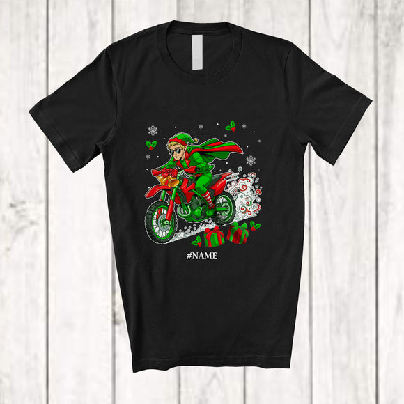 MacnyStore - Personalized Custom Name Elf Riding Dirt Bike; Amusing Christmas Rider Biker Snow; Family T-Shirt