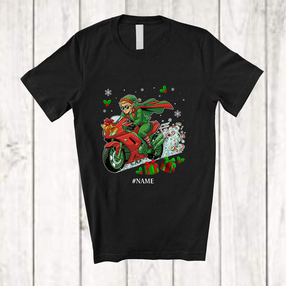 MacnyStore - Personalized Custom Name Elf Riding Motorcycle; Amusing Christmas Rider Biker Snow; Family T-Shirt