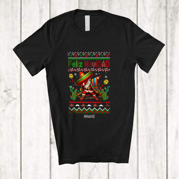 MacnyStore - Personalized Custom Name Feliz Navidad; Cheerful Christmas Sweater Mexican Dabbing Santa T-Shirt