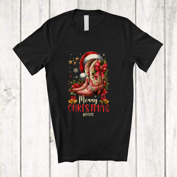 MacnyStore - Personalized Custom Name Merry Christmas; Lovely Santa Cowgirl Boot Western; Women Family T-Shirt