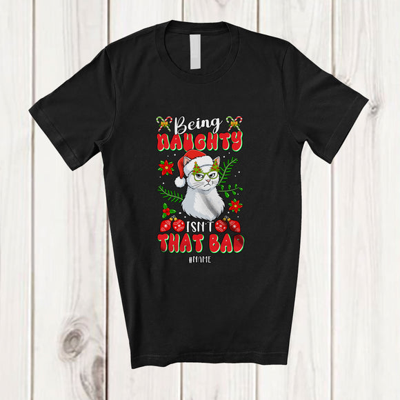 MacnyStore - Personalized Custom Name Being Naughty Isn't That Bad; Joyful Christmas Santa Kitten Face T-Shirt