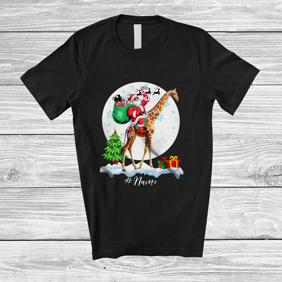 MacnyStore - Personalized Custom Name Santa Riding Giraffe; Lovely Christmas Moon Wild Animal; Family T-Shirt