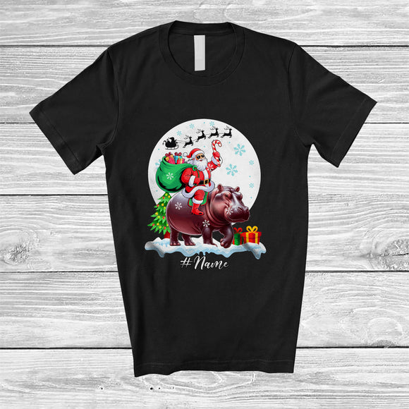 MacnyStore - Personalized Custom Name Santa Riding Hippo; Lovely Christmas Moon Wild Animal; Family T-Shirt