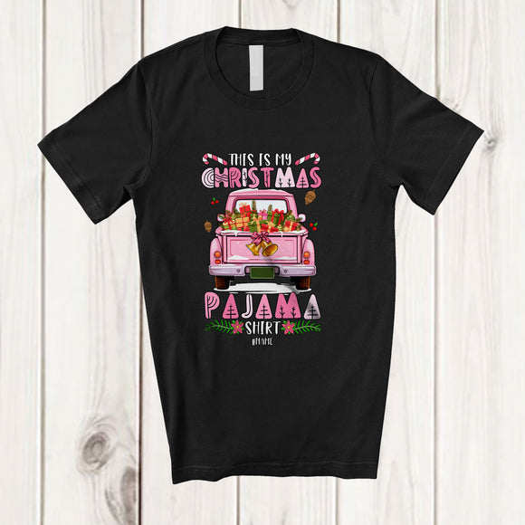 MacnyStore - Personalized Custom Name This Is My Christmas Pajama Shirt; Lovely Pink Pickup Truck Family T-Shirt
