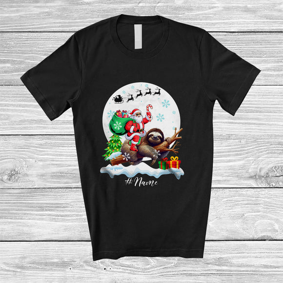 MacnyStore - Personalized Custom Name Santa Riding Sloth; Lovely Christmas Moon Wild Animal; Family T-Shirt