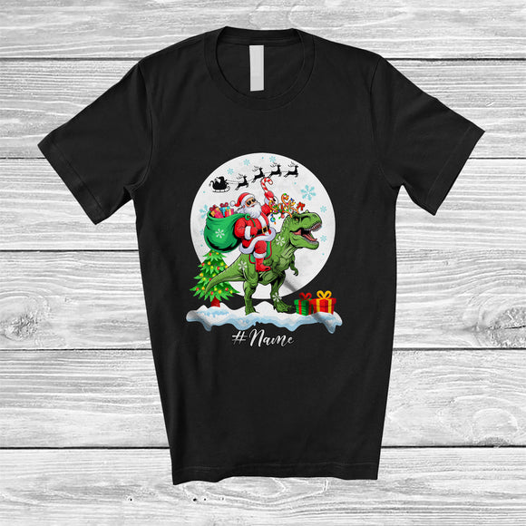 MacnyStore - Personalized Custom Name Santa Riding T-Rex; Lovely Christmas Moon Wild Animal; Family T-Shirt