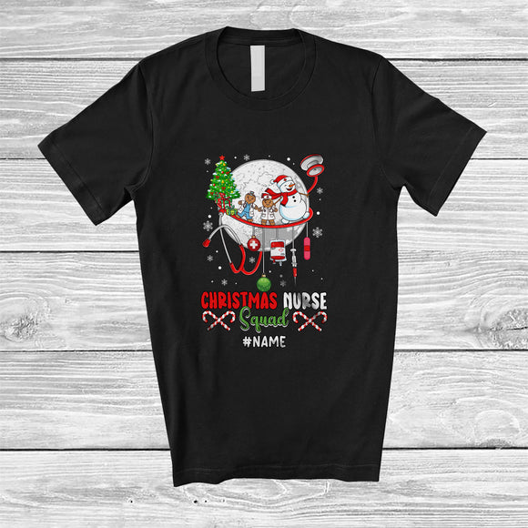 MacnyStore - Personalized Custom Name Christmas Nurse Squad; Awesome X-mas Moon Stethoscope Snowman T-Shirt