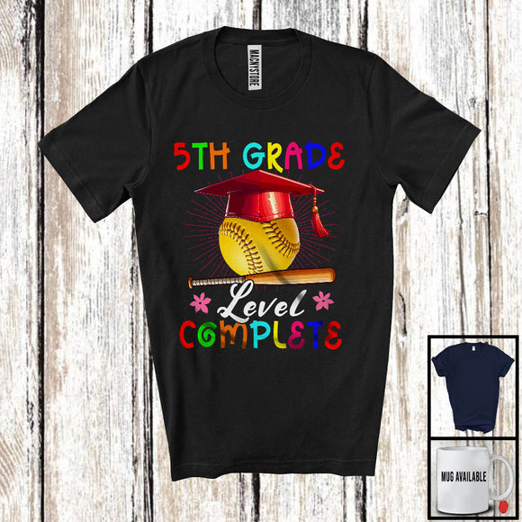 MacnyStore - 5th Grade Level Complete, Joyful Last Day Of School Softball Player Playing, Girls Students Group T-Shirt