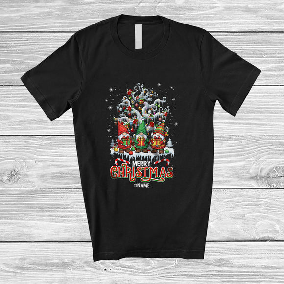 MacnyStore - Personalized Custom Name Merry Christmas; Amusing Three Cute Gnomes X-mas Tree T-Shirt