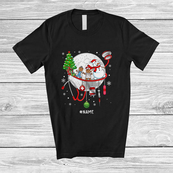 MacnyStore - Personalized Custom Name Christmas Moon Snowman Stethoscope; Lovely X-mas Nurse Gingerbread T-Shirt