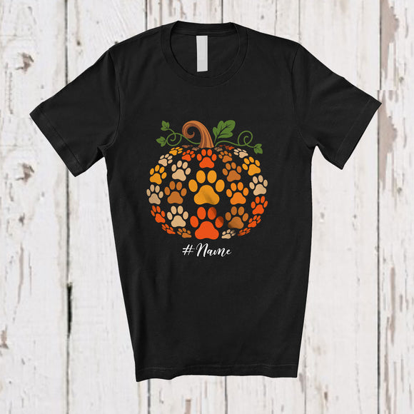 MacnyStore - Personalized Custom Name Dog Paws Pumpkin Shape; Adorable Thanksgiving Fall Leaves Dog Owner T-Shirt