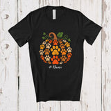 MacnyStore - Personalized Custom Name Dog Paws Pumpkin Shape; Adorable Thanksgiving Fall Leaves Dog Owner T-Shirt
