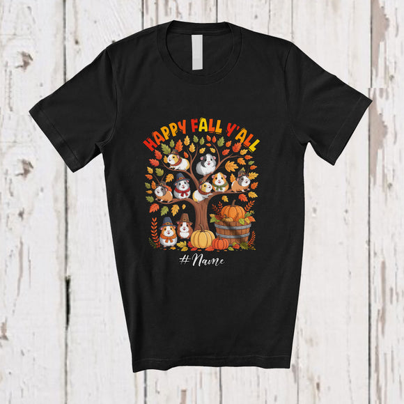 MacnyStore - Personalized Custom Name Happy Fall Y'all; Adorable Thanksgiving Guinea Pig On Autumn Tree T-Shirt