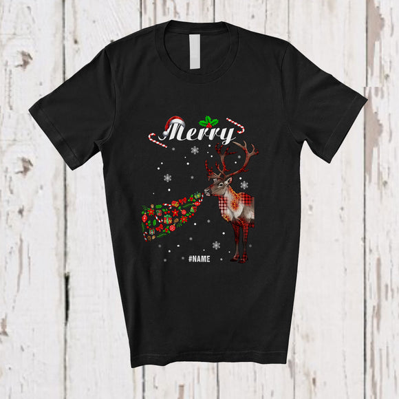 MacnyStore - Personalized Merry; Humorous Merry Christmas Plaid Half Reindeer; Custom Name Couple Family T-Shirt
