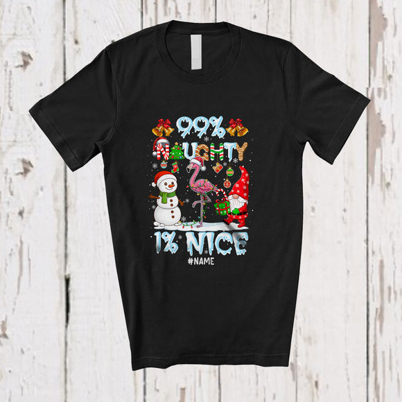 MacnyStore - Personalized Custom Name 99% Naughty 1% Nice; Humorous Christmas Snow Santa Flamingo T-Shirt