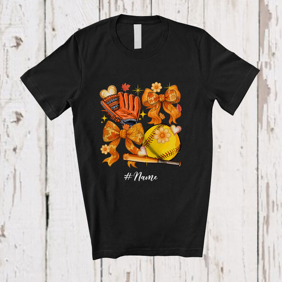 MacnyStore - Personalized Custom Name Softball Thanksgiving Coquette; Lovely Bow Tie Flowers; Sport Player T-Shirt
