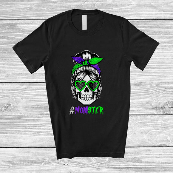 MacnyStore - Momster; Humorous Halloween Costume Skull Mom Messy Hair Bun Monster; Family Group T-Shirt