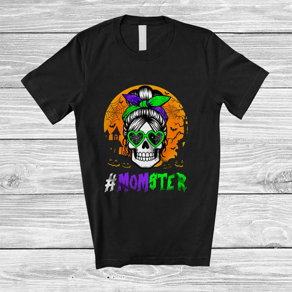 MacnyStore - Momster; Humorous Halloween Moon Costume Skull Mom Messy Hair Bun Monster; Family Group T-Shirt