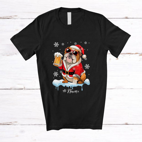 MacnyStore - Personalized Custom Name Bulldog Santa Drinking Beer; Joyful Christmas Drunker Family T-Shirt