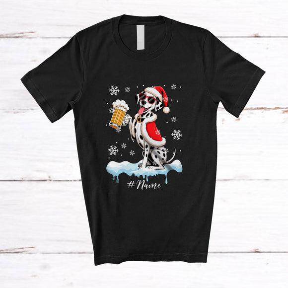 MacnyStore - Personalized Custom Name Dalmatian Santa Drinking Beer; Joyful Christmas Drunker Family T-Shirt