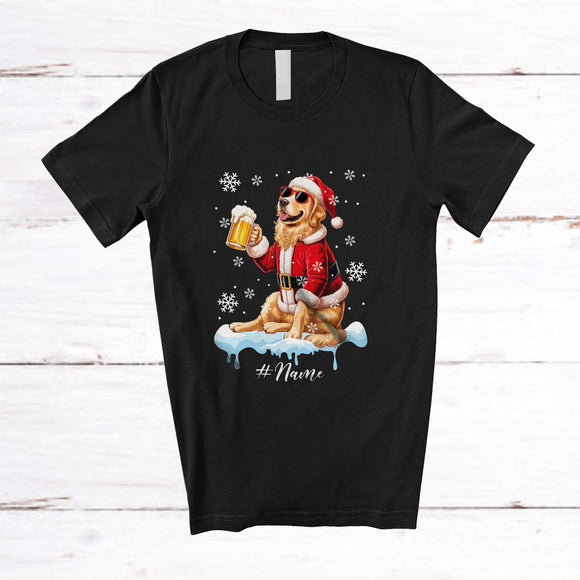 MacnyStore - Personalized Custom Name Golden Retriever Santa Drinking Beer; Joyful Christmas Drunker Family T-Shirt
