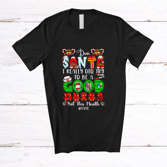 MacnyStore - Personalized Custom Name I Did Try To Be A Good Nurse; Lovely Christmas Santa Jobs T-Shirt