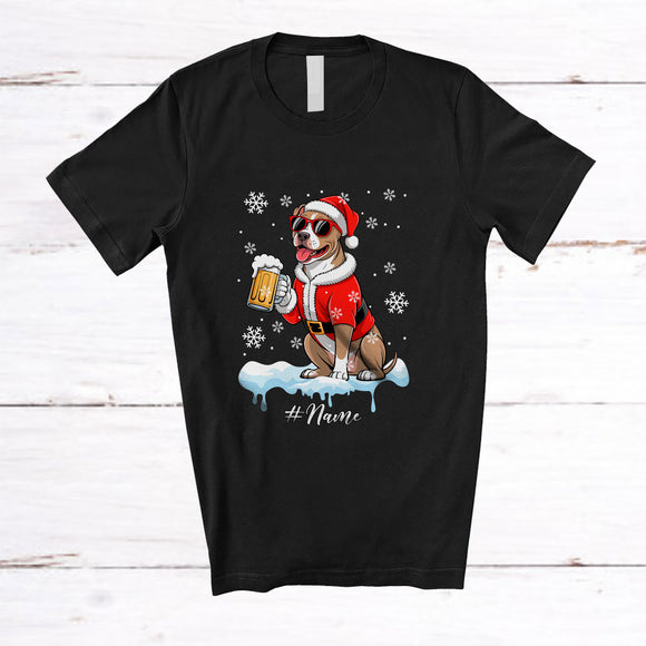 MacnyStore - Personalized Custom Name Pit Bull Santa Drinking Beer; Joyful Christmas Drunker Family T-Shirt