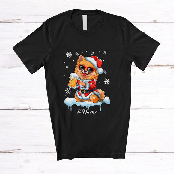 MacnyStore - Personalized Custom Name Pomeranian Santa Drinking Beer; Joyful Christmas Drunker Family T-Shirt