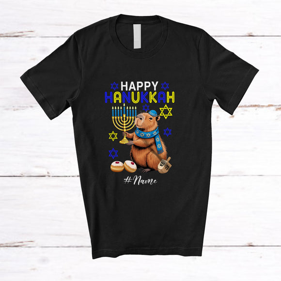 MacnyStore - Personalized Custom Name Happy Hanukkah; Adorable Chanukah Lights Capybara Animal; Family T-Shirt