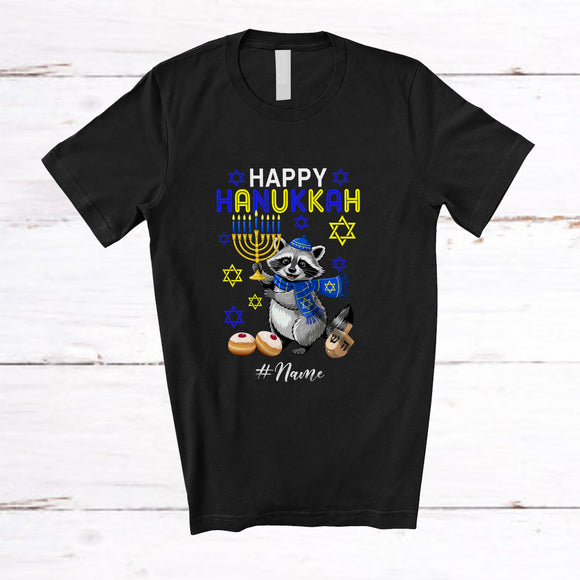 MacnyStore - Personalized Custom Name Happy Hanukkah; Adorable Chanukah Lights Raccoon Animal; Family T-Shirt