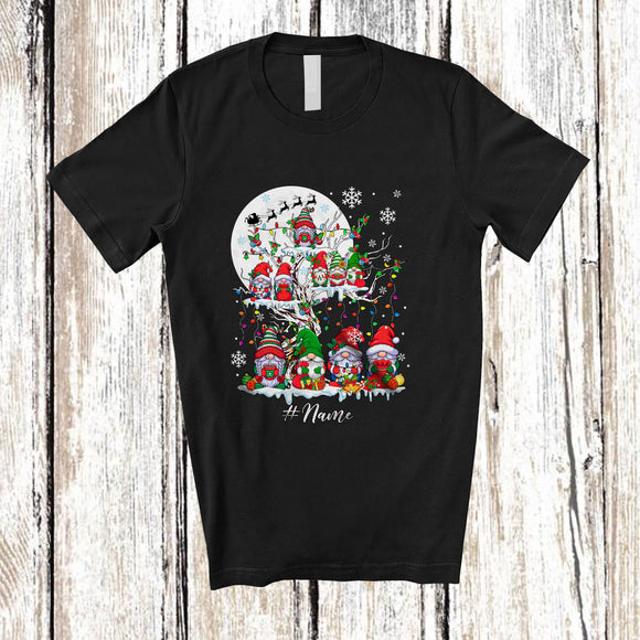 MacnyStore - Personalized Custom Name Gnomes On Christmas Tree Snowing; Lovely Moon Gnomies Squad; Family T-Shirt