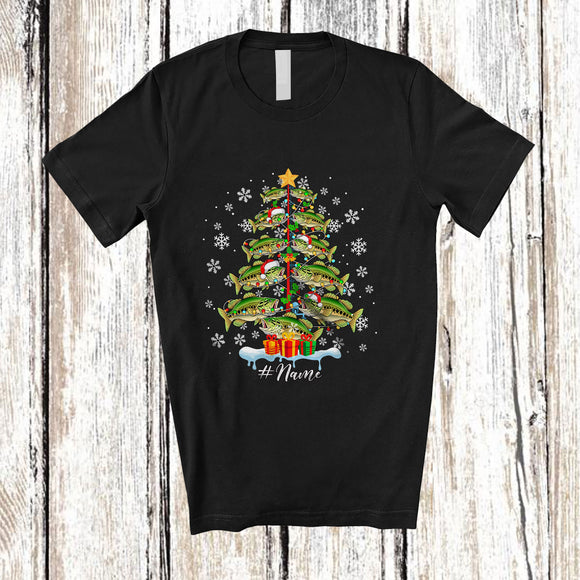 MacnyStore - Personalized Custom Name Santa Fishing Tools Christmas Tree; Amusing X-mas Lights Family T-Shirt