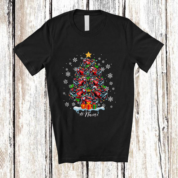 MacnyStore - Personalized Custom Name Santa Riding Tools Christmas Tree; Amusing X-mas Lights Family T-Shirt