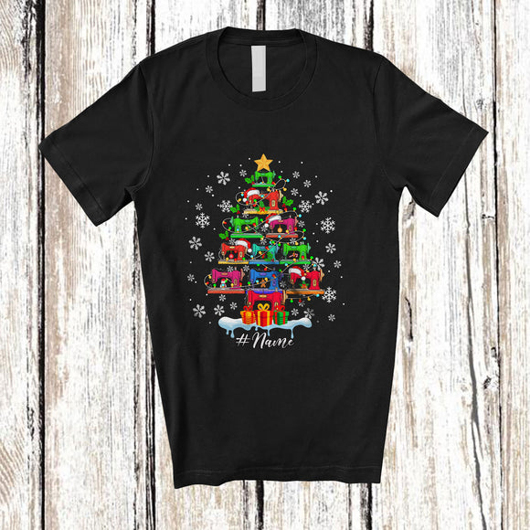 MacnyStore - Personalized Custom Name Sewing Machine Tools Christmas Tree; Amusing X-mas Lights Family T-Shirt