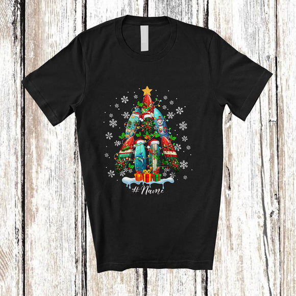 MacnyStore - Personalized Custom Name Santa Surfing Tools Christmas Tree; Amusing X-mas Lights Family T-Shirt