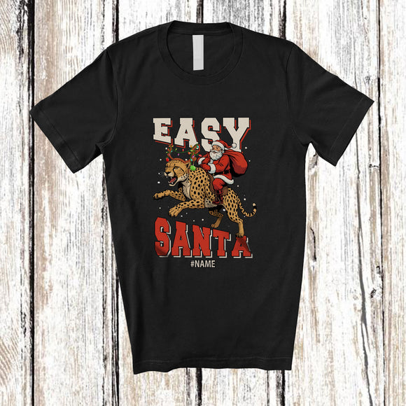 MacnyStore - Personalized Custom Name Easy Santa; Amusing Christmas Santa Riding Cheetah Reindeer T-Shirt